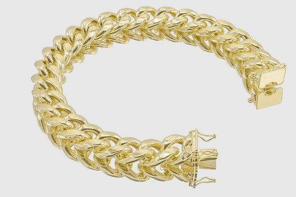 13mm Hollow Miami Cuban Yellow Gold Bracelet | Uverly